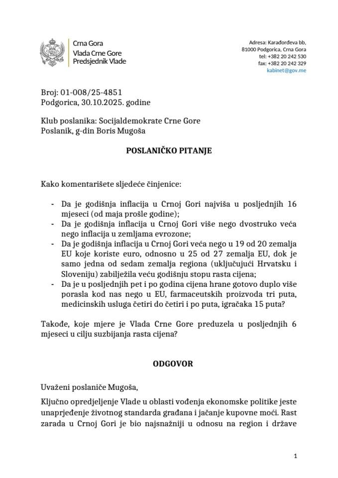 Premijerski sat: Odgovor predsjednika Vlade Milojka Spajića na poslaničko pitanje Borisa Mugoše