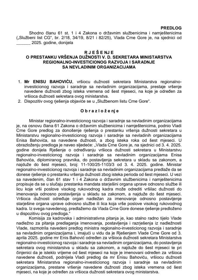 Предлог за престанак вршења дужности в. д. секретара Министарства регионално-инвестиционог развоја и сарадње са невладиним организацијама