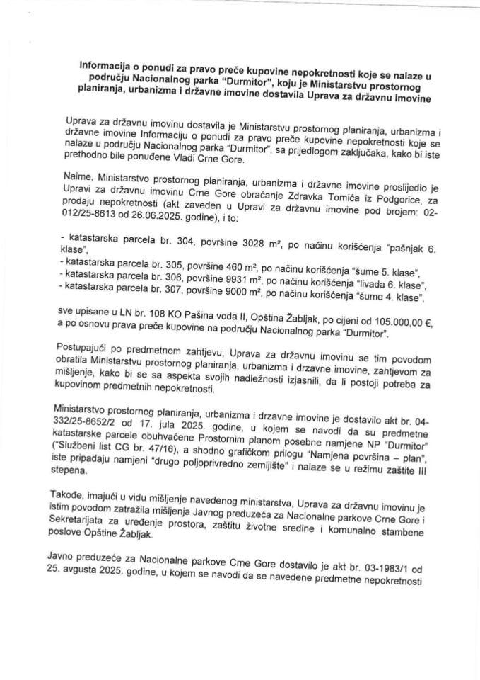 Информација о понуди за право прече куповине непокретности које се налазе у подручју Националног парка „Дурмитор“ (подносилац захтјева Здравко Томић)