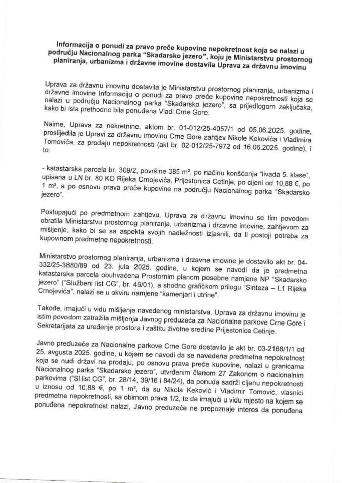 Информација о понуди за право прече куповине непокретности која се налази у подручју Националног парка „Скадарско језеро“ (подносиоци захтјева Никола Кековић и Владимир Томовић)