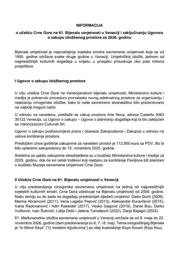 Информација о учешћу Црне Горе на 61. Бијеналу умјетности у Венецији и закључивању Уговора о закупу изложбеног простора за 2026. годину с Предлогом уговора