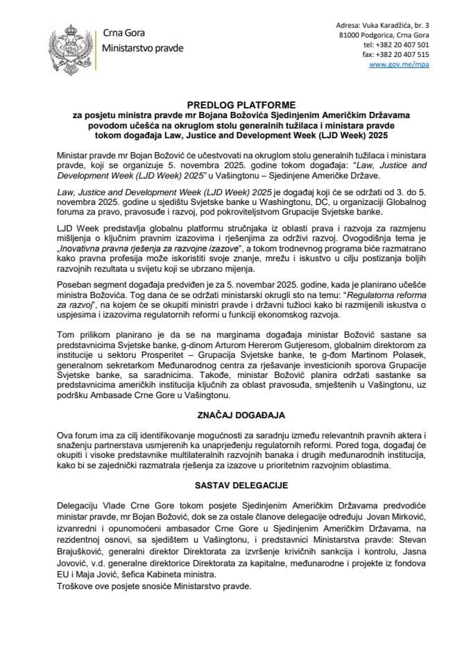 Предлог платформе за посјету министра правде мр Бојана Божовића Сједињеним Америчким Државама поводом учешћа на округлом столу генералних тужилаца и министара правде током догађаја Law, Justice and Development Week (LJD Week) 2025