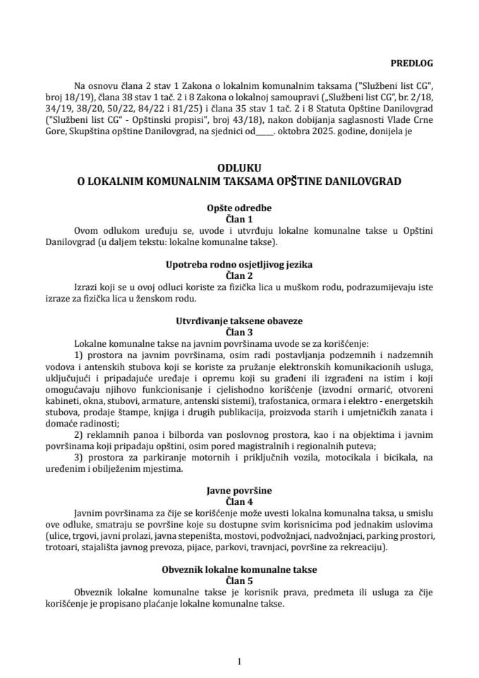 Предлог одлуке о локалним комуналним таксама Општине Даниловград