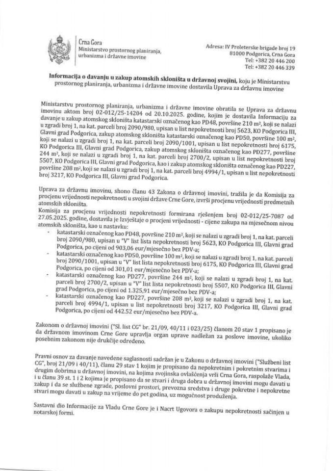 Информација о давању у закуп атомских склоништа у државној својини с Предлогом уговора