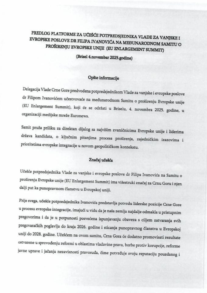 Предлог платформе за учешће потпредсједника Владе за вањске и европске послове др Филипа Ивановића на међународном Самиту о проширењу Европске уније (EU Enlargement Summit), Брисел, 4. новембар 2025. године