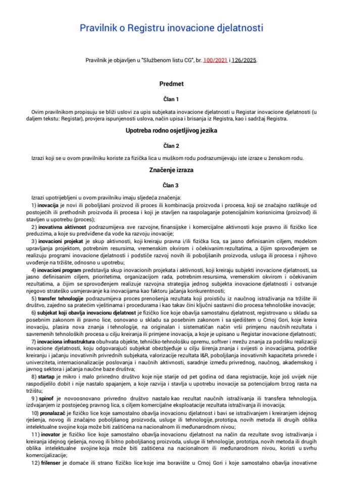 Pravilnik o Registru inovacione djelatnosti