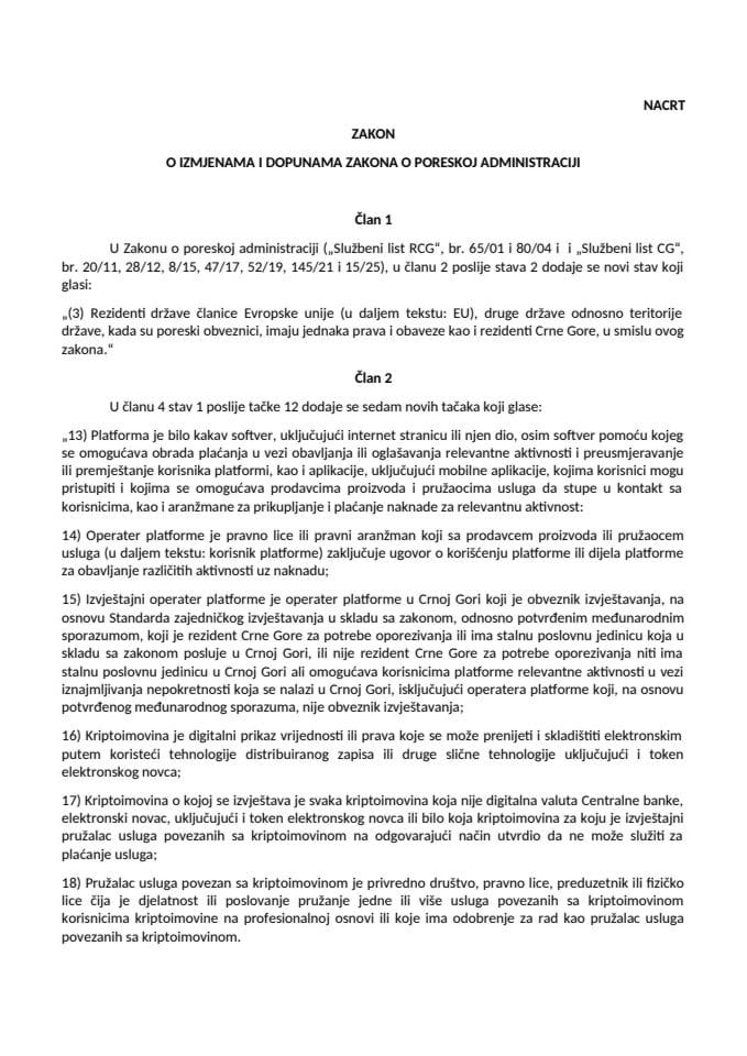 Nacrt Zakona o izmjenama i dopunama Zakona o poreskoj administraciji