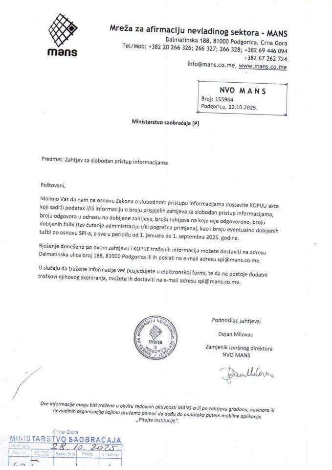 Rješenje o odobrenju pristupa Informaciji o broju prispjelih zahjteva za SPI u periodu od 01.01. do 01.09.2025