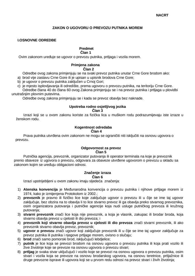 NACRT ZAKONA O UGOVORU O PREVOZU PUTNIKA MOREM