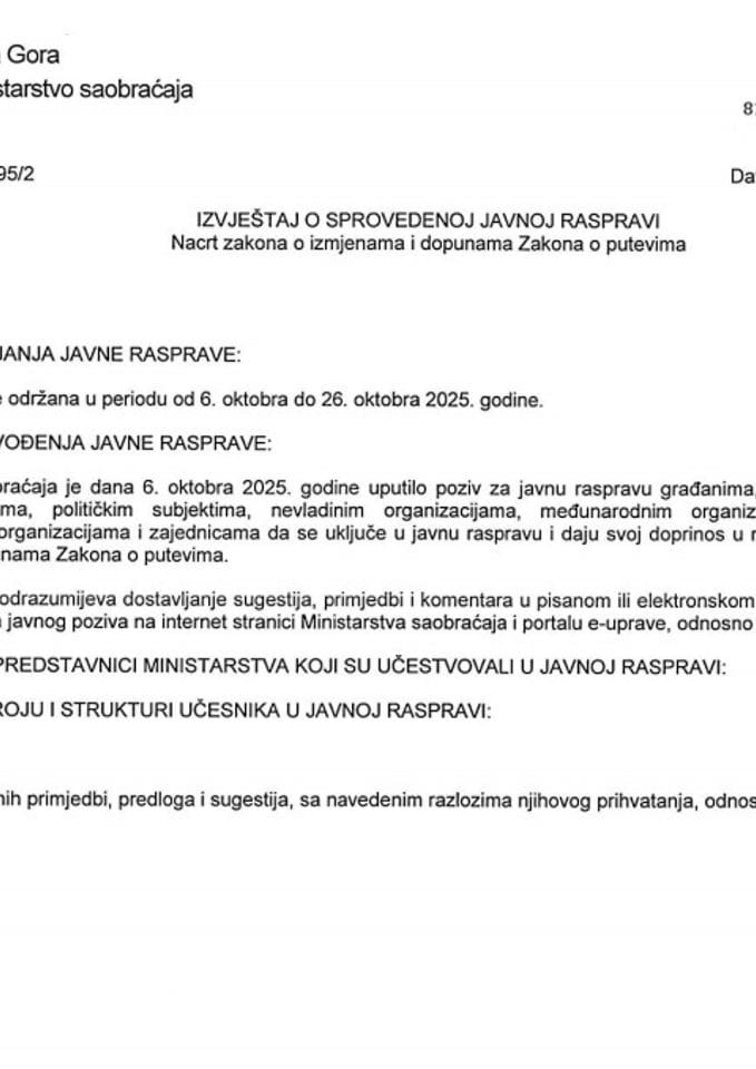Izvještaj o sprovedenoj javnoj raspravi o Nacrtu zakona o izmjenama i dopunama Zakona o putevima