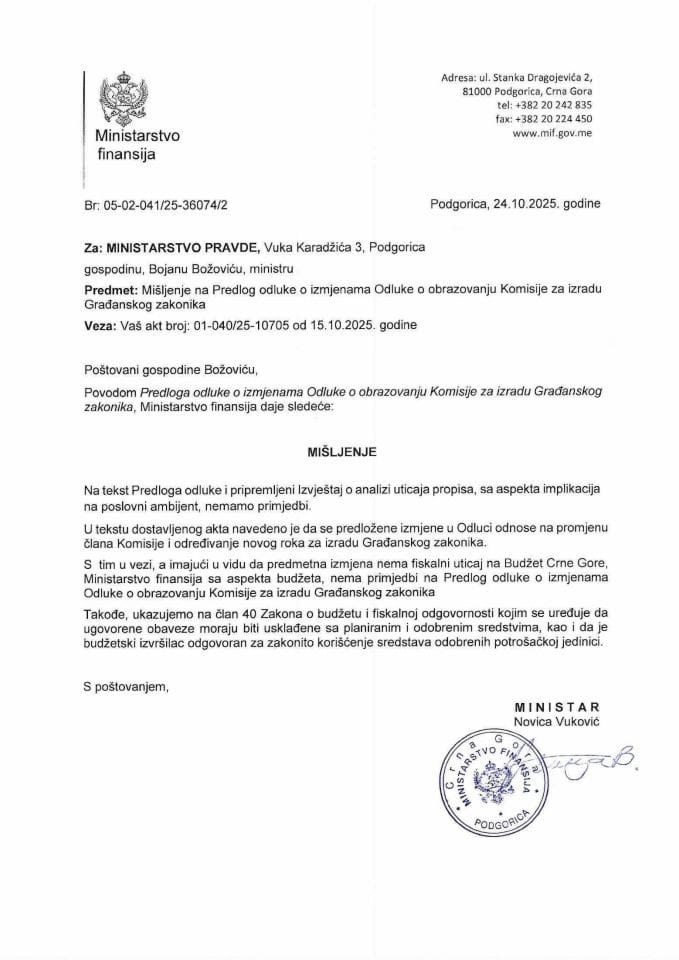 Mišljenje na Predlog odluke o izmjenama Odluke o obrazovanju Komisije za izradu Građanskog zakonika