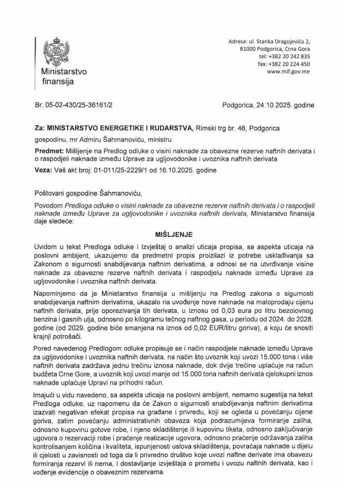 Mišljenje na Predlog odluke o visini naknade za obavezne rezerve naftnih derivata i o raspodjeli naknade