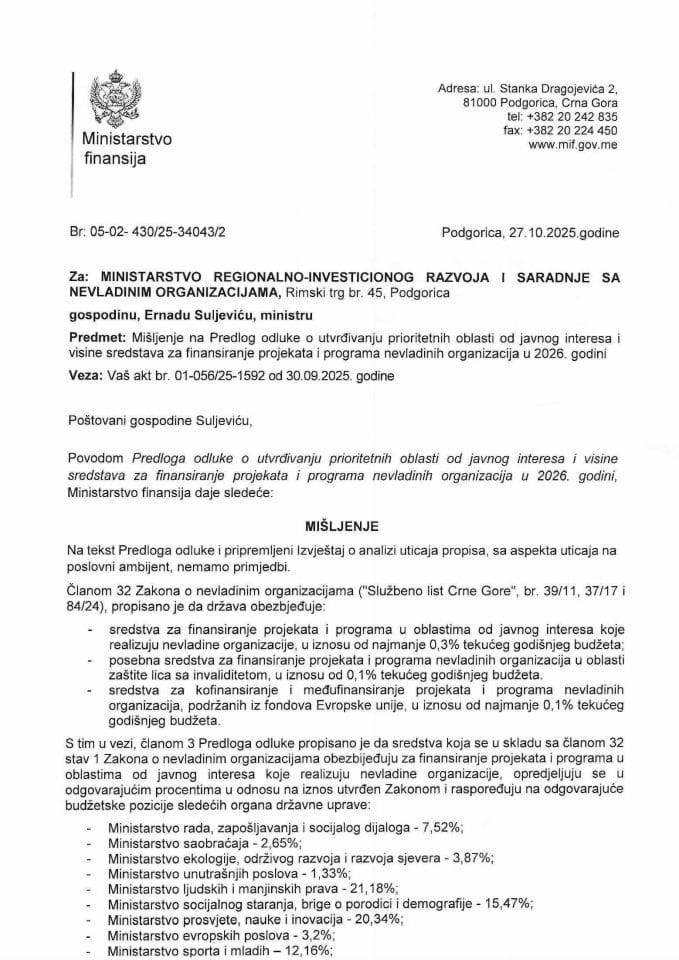 Mišljenje na Predlog odluke o utvrđivanju prioritenih oblasti od javnog interesa i visine sredstava za finansiranje projekata i programa NVO u 2026. godini