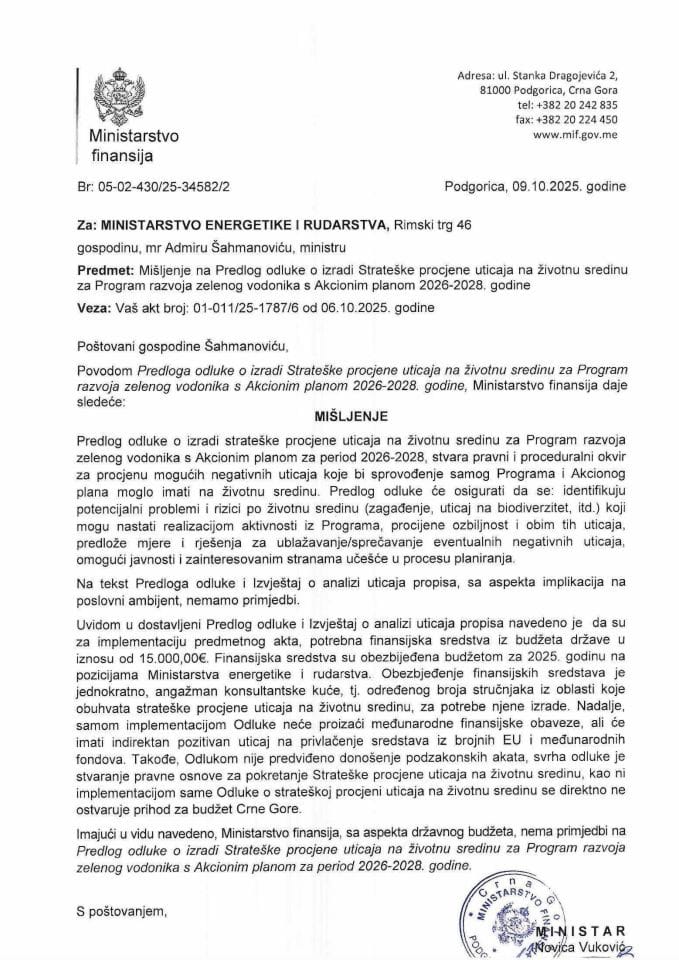 Mišljenje na Predlog odluke o izradi Strateške procjene uticaja na životnu sredinu