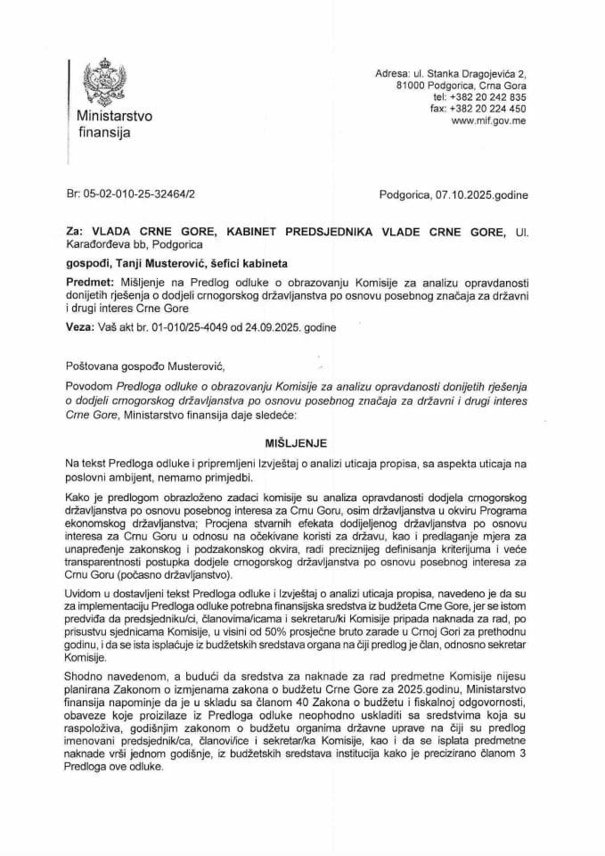 Mišljenje na Predlog odluke obrazovanju Komisije za analizu opravdanosti