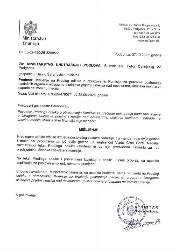 Mišljenje na Predlog odlukeo obrazovanju komisije za praćanje postupanja nadležnih organa