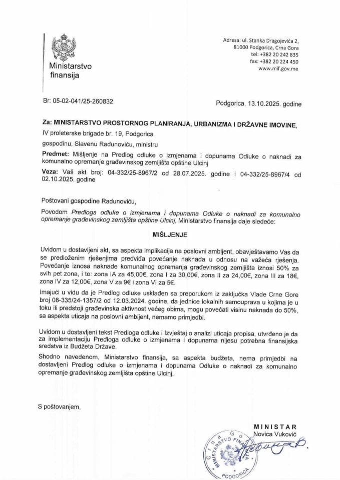 Mišljenje na Predlog odluke o izmjenama i dopunama Odluke  o naknadi za komunano opremanje građevisnkog zemljišta opstine Ulcinj