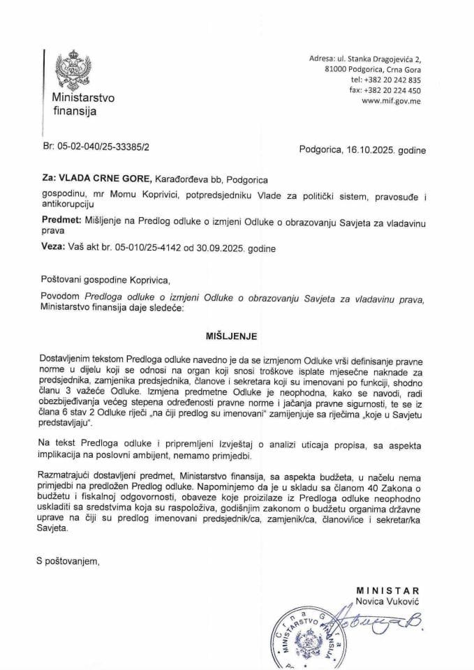 Mišljenje na Predlog odluke o izmjeni Odluke o obrazovanju Savjeta za vladavinu prava