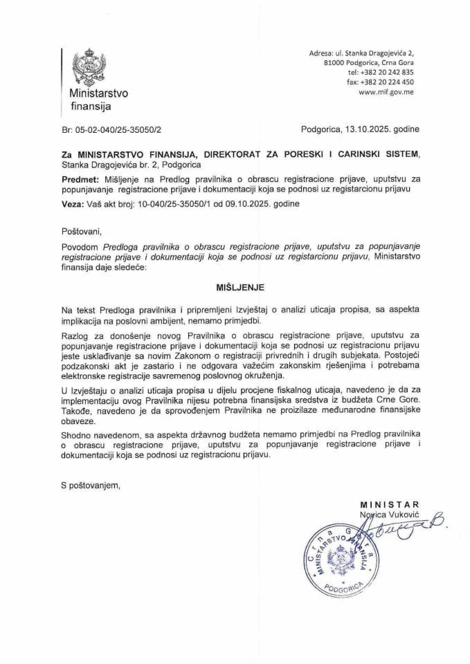 Mišljenje na Predlog pravilnika obrascu reg prijave