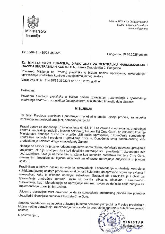 Mišljenje na Predlog pravilnika  o blizem nacinu upravljanja