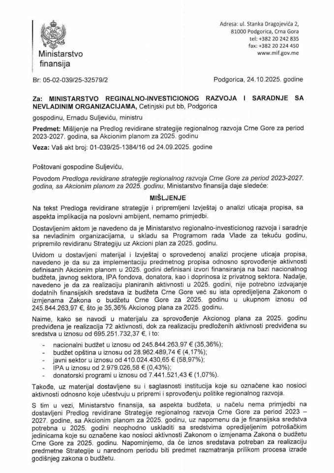 Mišljenje na Predlog revidirane strategije regionalnog razvoja Crne Gore za period 2023-2027. godina, sa Akcionim planom za 2025. godinu