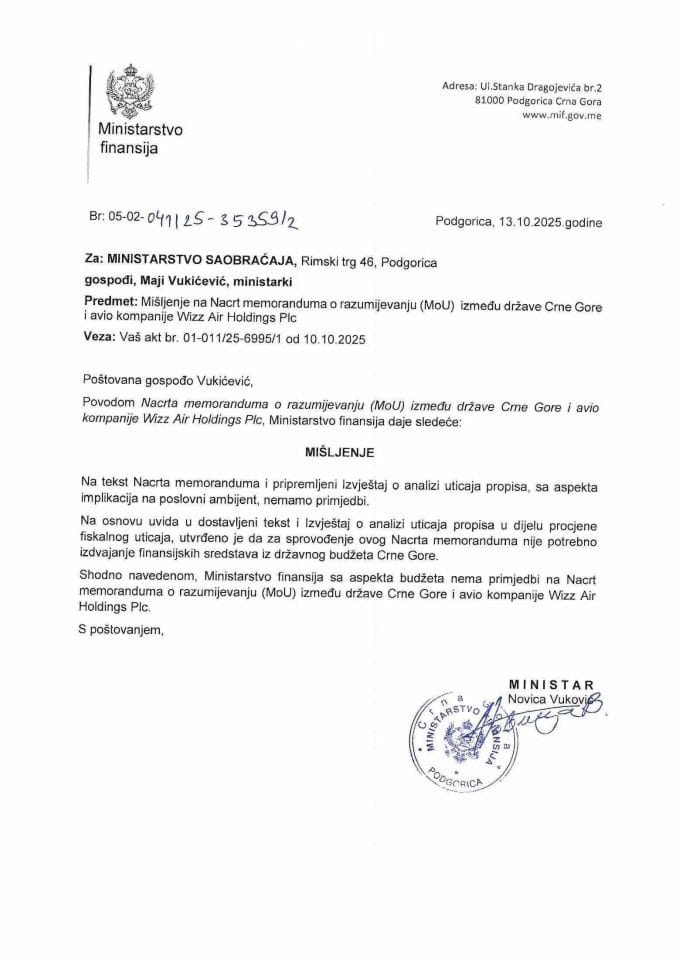 Mišljenje na Nacrt memoranduma o razumijevanju između države Crne Gore i avio kompanije Wizz Air Holdings