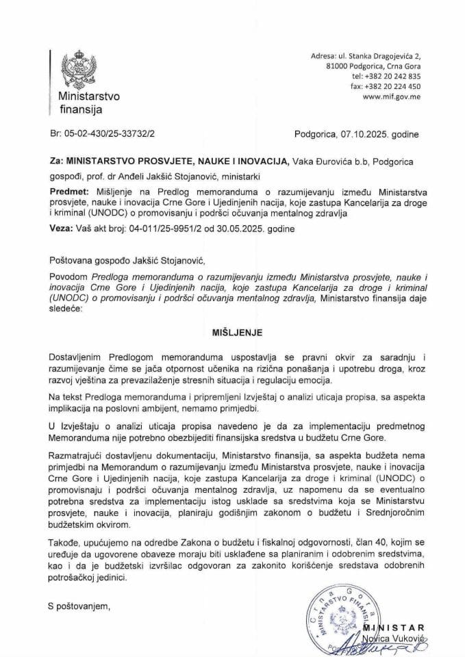 Mišljenje na Predlog memoranduma o razumijevanju o promovisanju i porsci mentalnog zdravlja