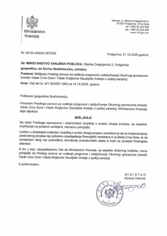 Mišljenje na Predlog osnove za vodjenje pregovora i zaključivanje OS Kraljevina Saudijska Arabija