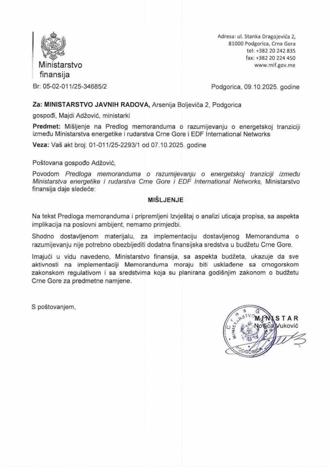 Mišljenje na Predlog  memoranduma o razumijevanju o energetskoj tranziciji