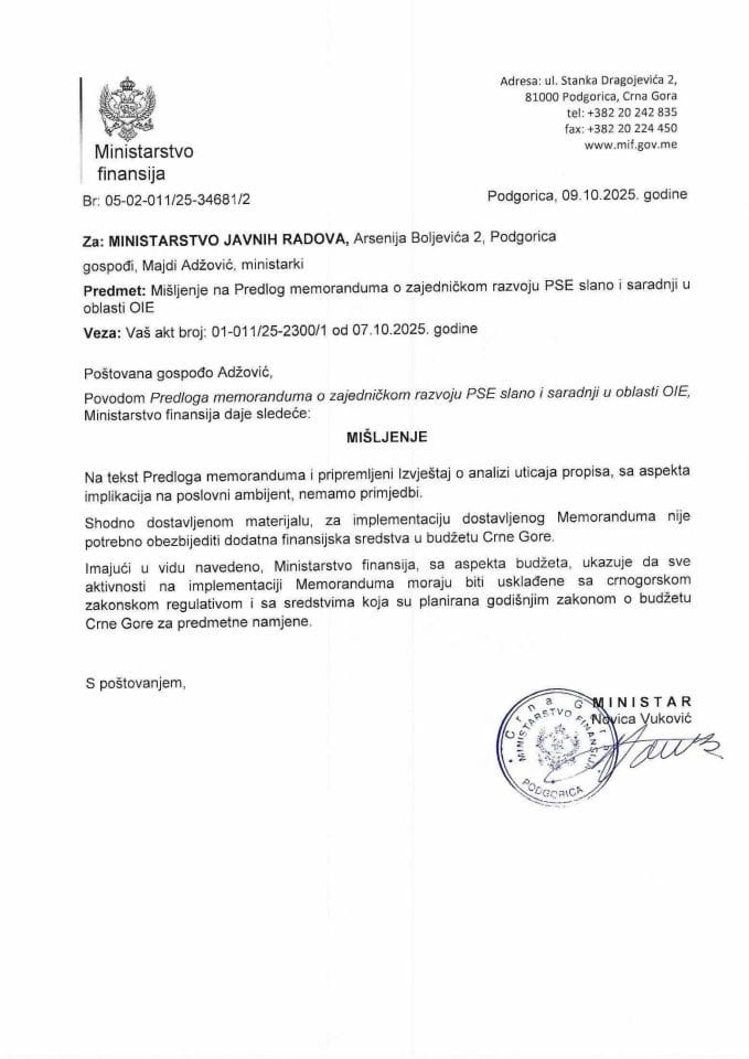 Mišljenje na Predlog memoranduma o zajedničkom razvoju