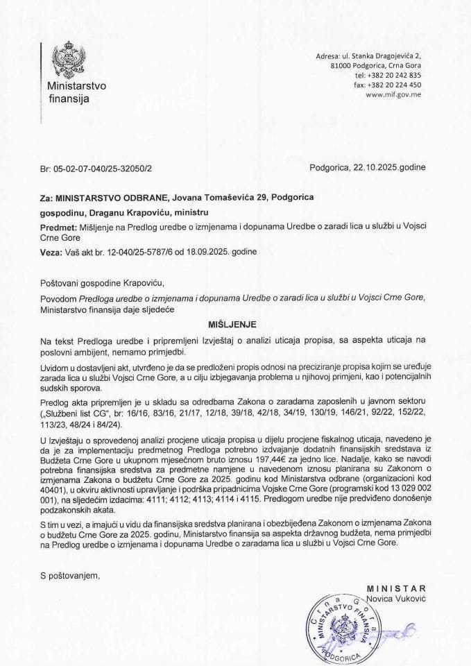 Mišljenje na Predlog uredbe o izmjenama i dopunama Uredbe o zaradi lica u službi u Vojsci Crne Gore