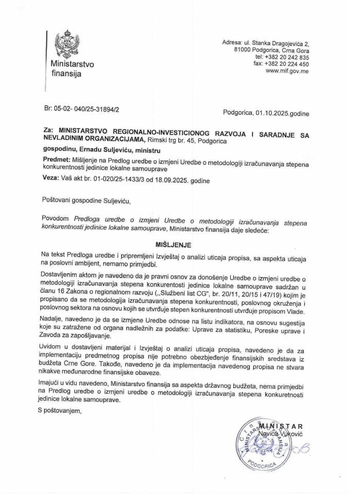 Mišljenje na Predlog uredbe o izmjeni uredbe o metodologiji izracunavanja