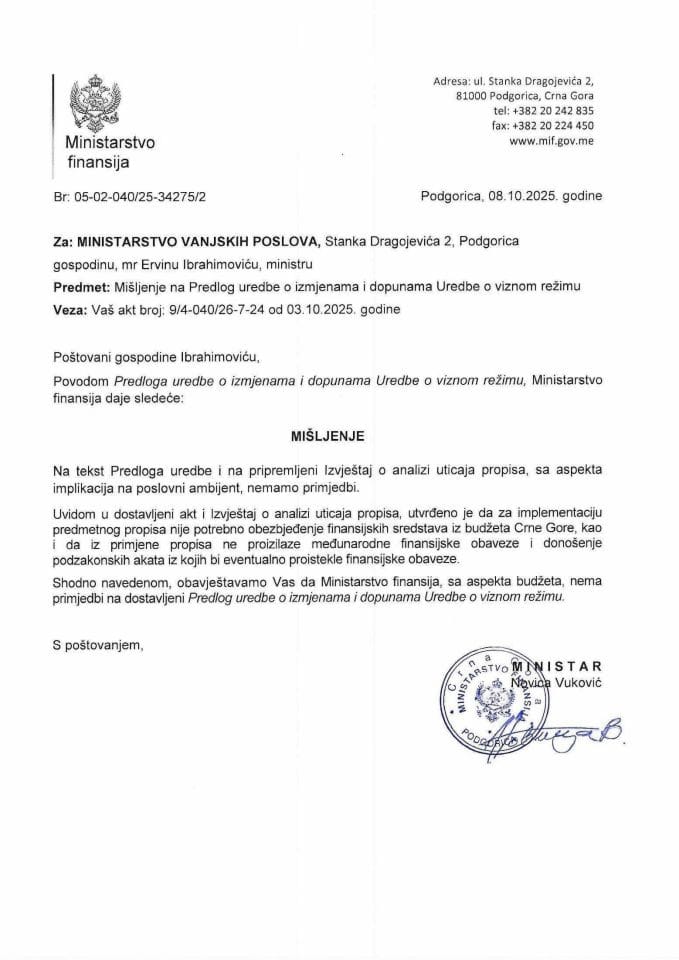 Mišljenje na Predlog uredbe  o izmjenama i dopunama Uredbe o viznom režimu