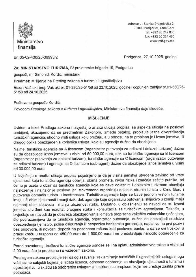 Mišljenje na Predlog zakona o izmjenama i dopunama Zakona o turizmu i ugostiteljstvu