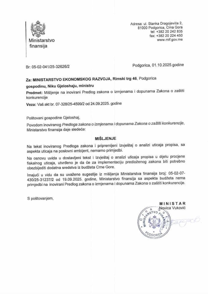 Mišljenje na Predlog zakona o izmjenama i dopunama Zakona o zastiti potrosaca inovirano