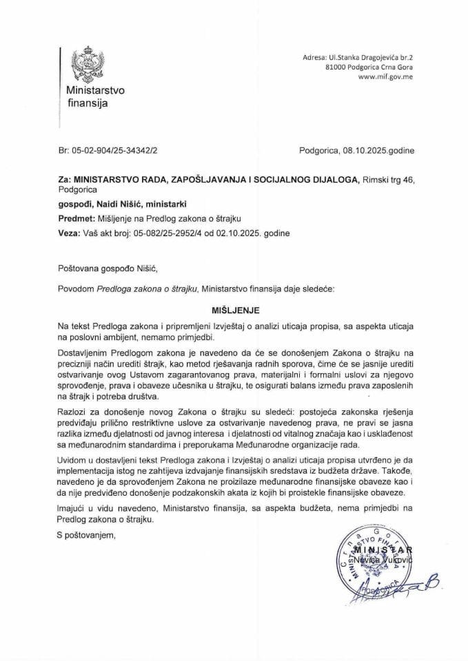 Mišljenje na Predlog zakona  o štrajku