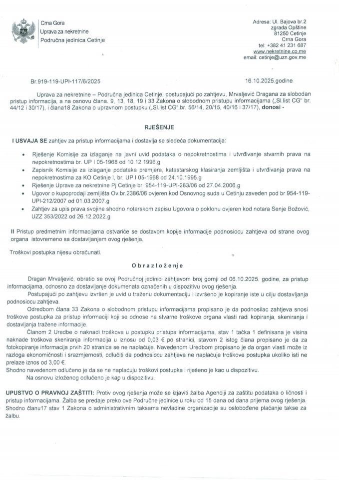Rješenja o slobodnom pristupu informacijama - 03.11.2025.
