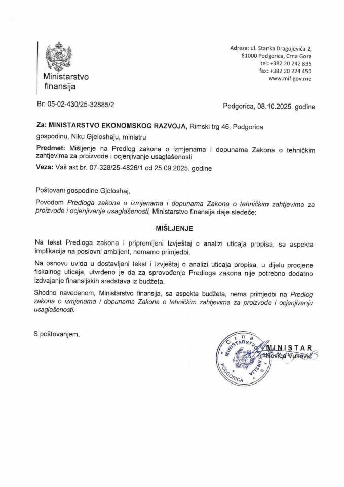 Mišljenje na Predlog zakona o izmjenqma i dopunama Zakona o tehničkim zahtjevima za proizvode