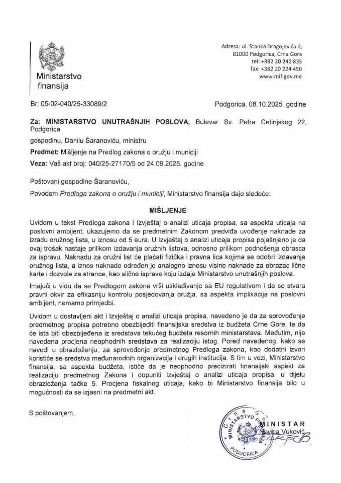 Mišljenje na Predlog zakona o oružju i municiji