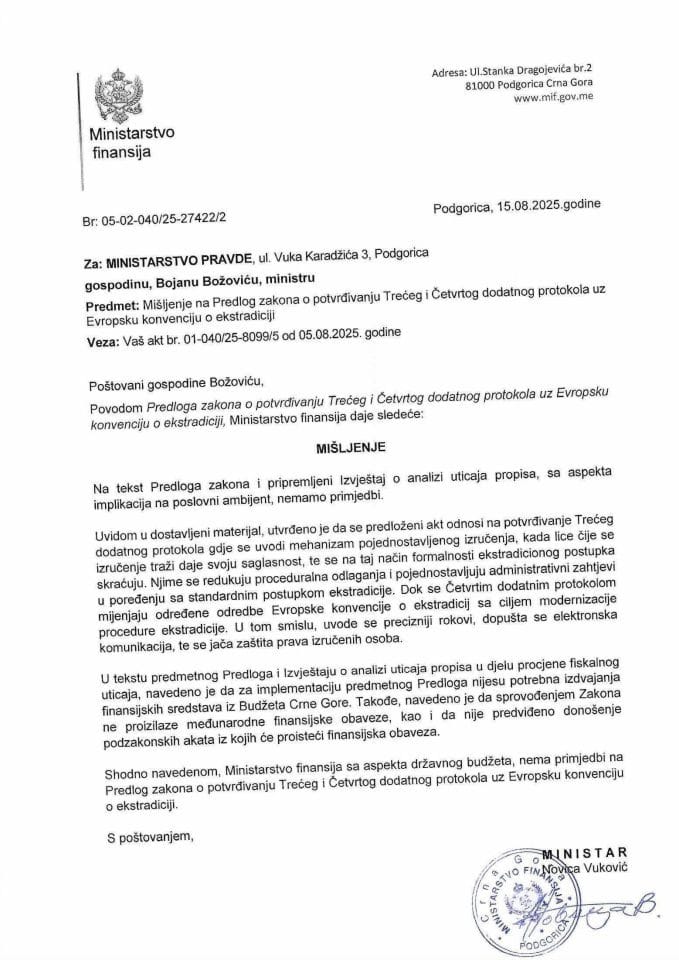 Mišljenje na Predlog zakona o potvrdjivanju Trećeg i Četvrtog dodatnog protokola uz Evropsku konvenciju