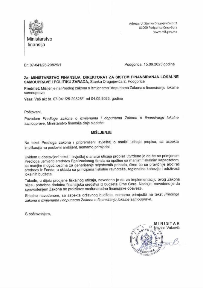 Mišljenje na Predlog zakona o izmjenama i dopunama Zakona o finansiranju lokalne samouprave