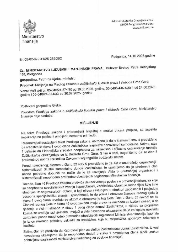 Mišljenje na Predlog zakona o zastitniku ljudskih prava i sloboda CG