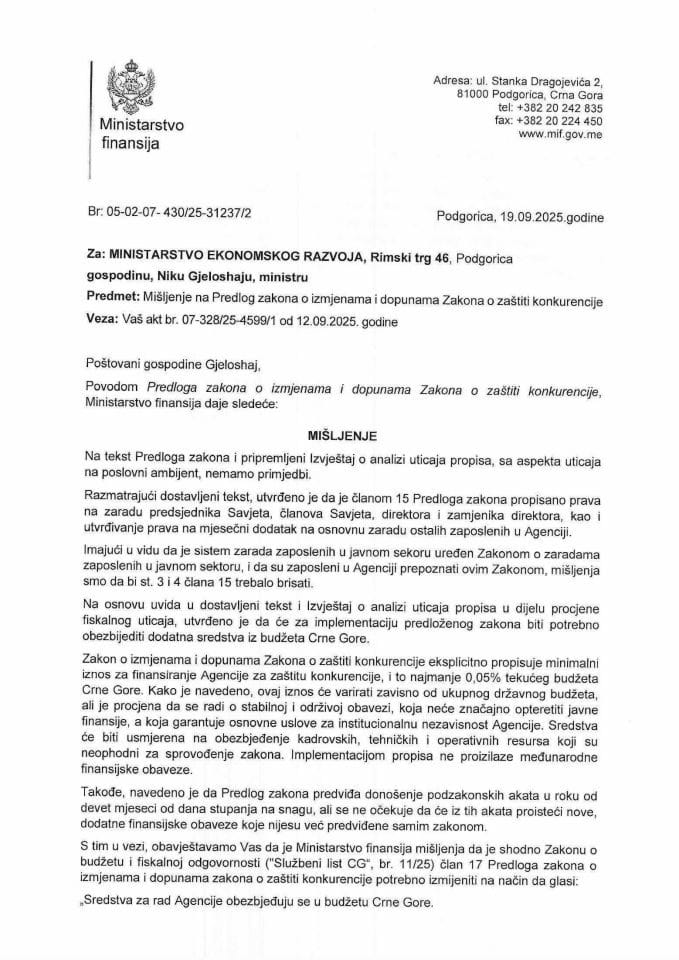 Mišljenje na Predlog zakona o izmjenama i dopunama Zakon o zaštiti konkurencije