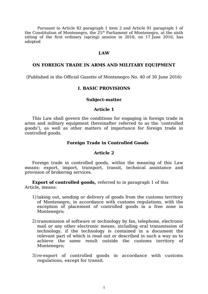 final Law on Foreign Trade in Arms and Military Equipment_Montenegro_2016