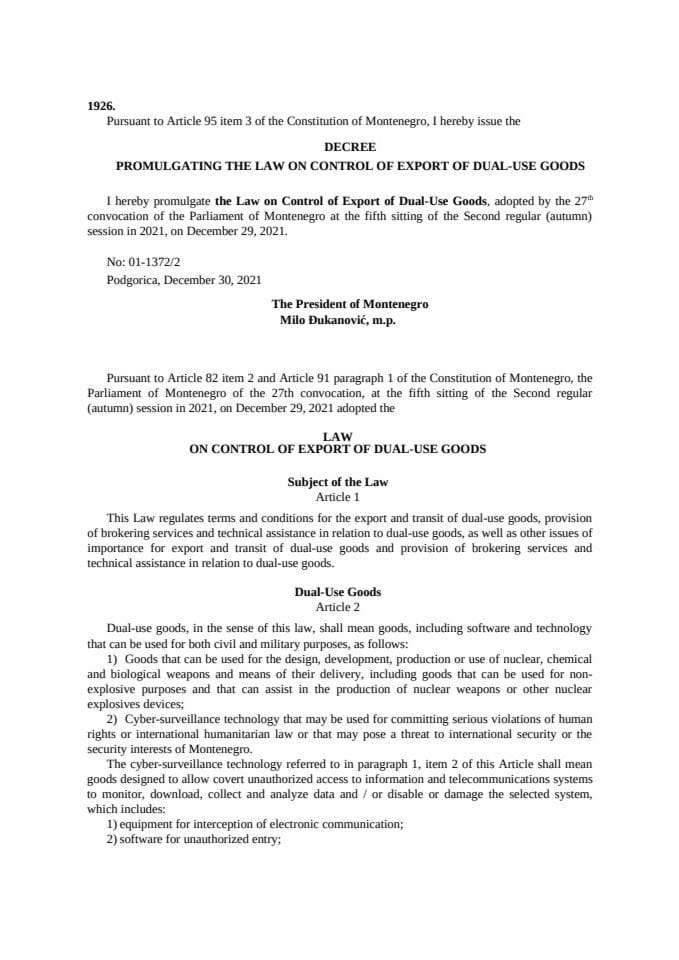 DECREE PROMULGATING THE LAW ON CONTROL OF EXPORT OF DUAL-USE GOODS