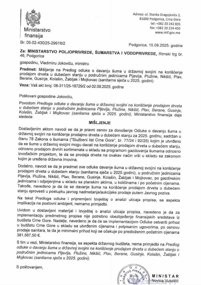 Mišljenje na Predlog odluke o davanju šuma u državnoj svojini Plj PL NK BA GS KO ZB MO