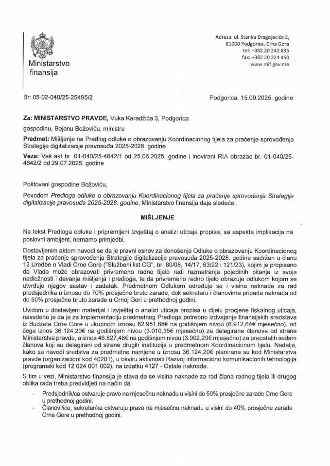 Mišljenje na Predlog odluke o obrazovanju Koordinacionog tijala za praćenje sprovođenja Strategije