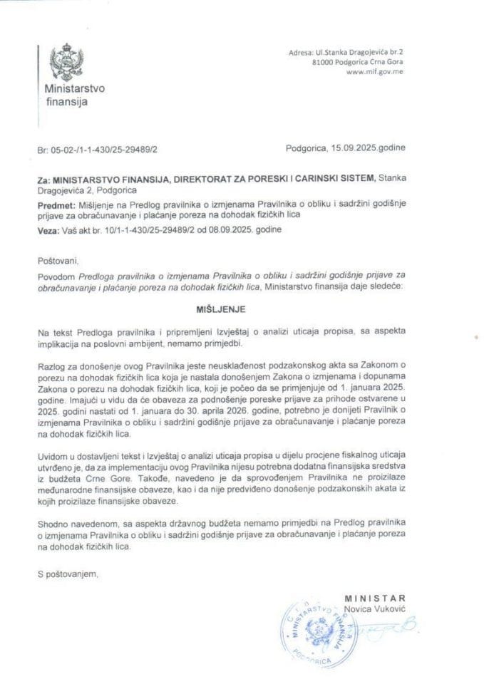 Mišljenje na Pravilnik o izmjenama Pravilnika o obliku i sadržini godišnje prijave za obračunavanje i plaćanje poreza na dohodak fizičkih lica