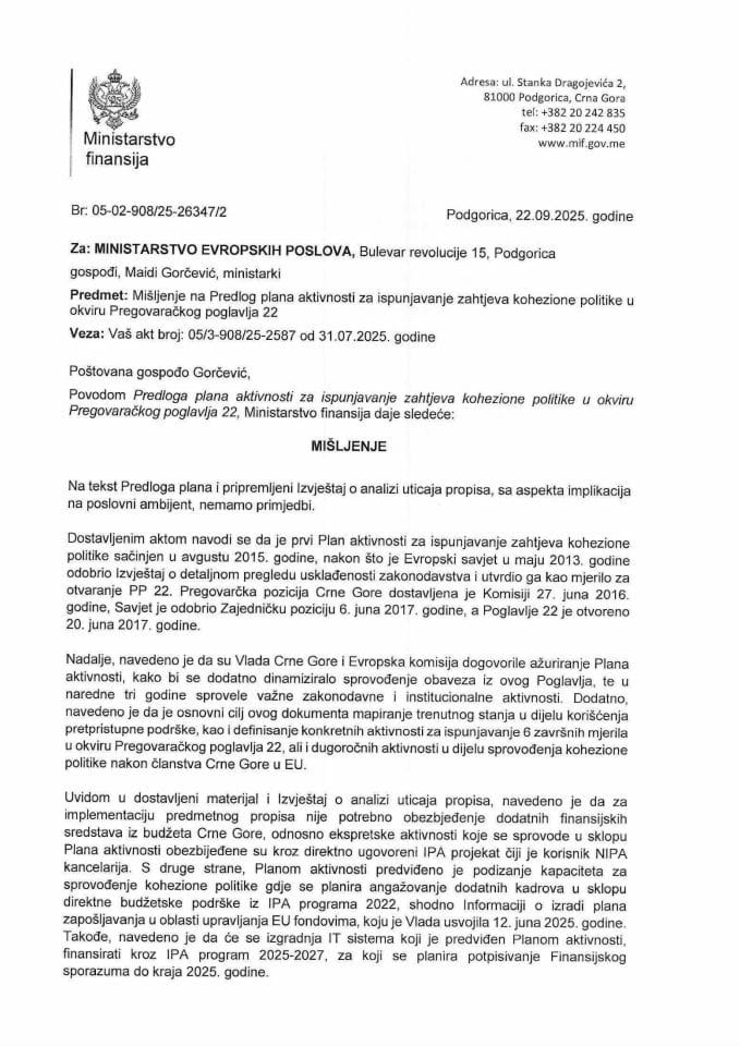 Mišljenje na Plan aktivnosti za Poglavlje 22