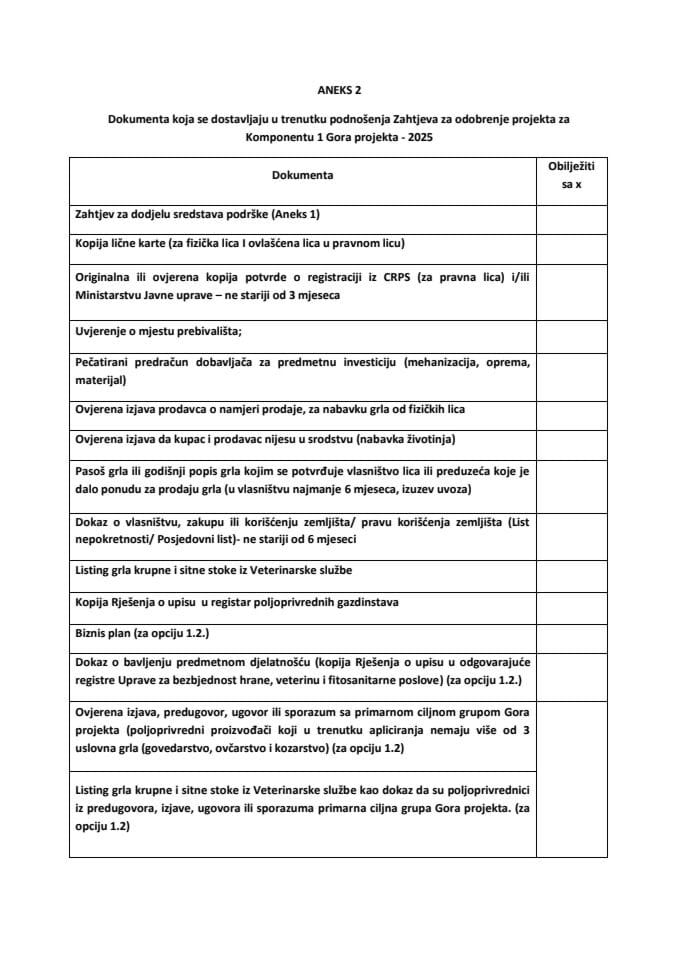 ANEKS 2 - Potrebna dokumentacija uz zahtjev za odobravanje projekta za komponentu 1